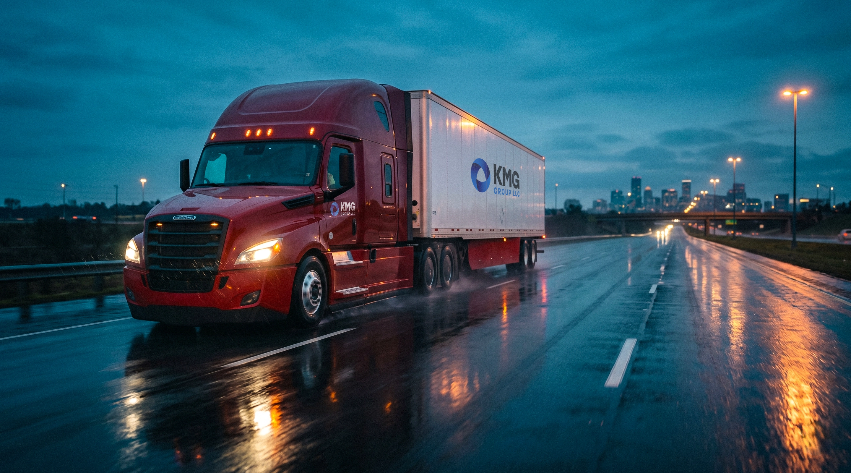 KMG Freightliner truck on the road